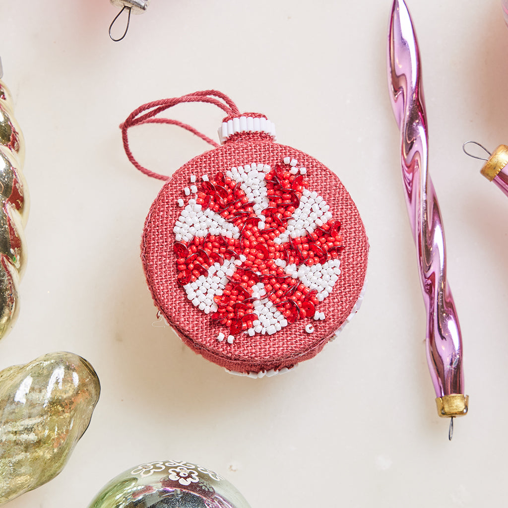 Red ball ornament, red star ball, beaded ball bag shops charm, beaded tassel, braided rope strap, christmas gift for women, 1306