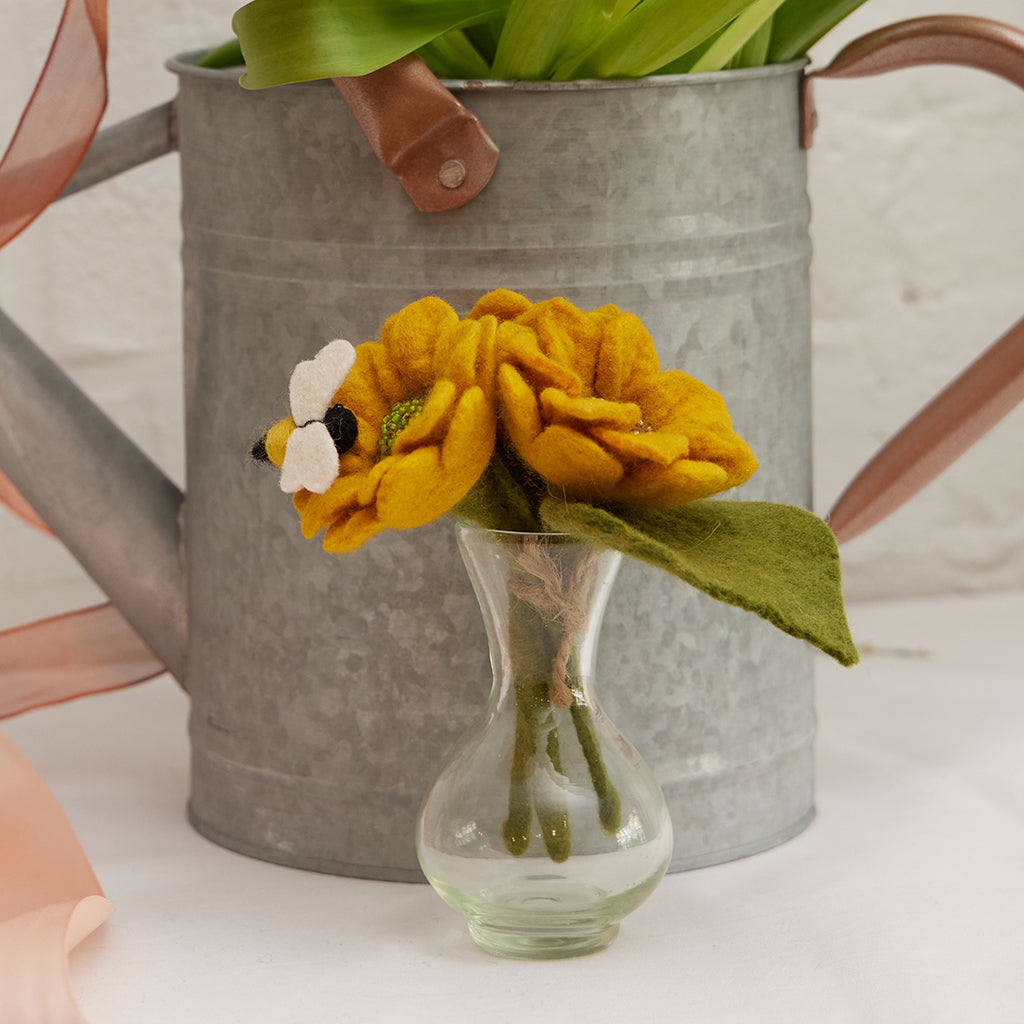 Baby Sunflower Flower Bouquet and Bee with Vase