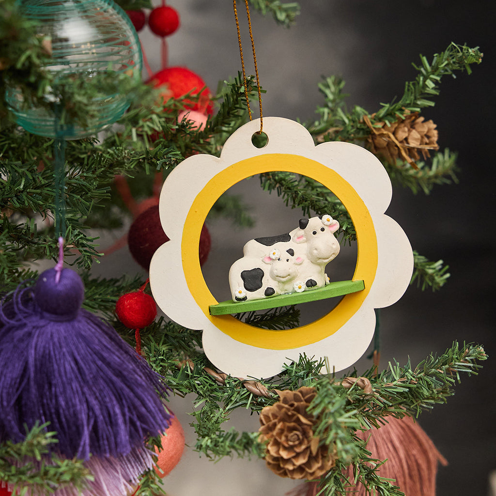 Daisy Cows Wood Ornament