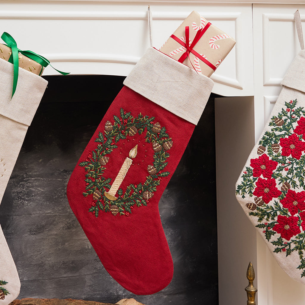 Candle Wreath Linen Stocking - Red