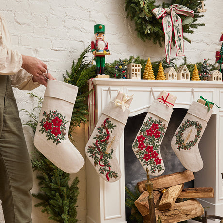 Poinsettia Bundle Linen Stocking - Natural