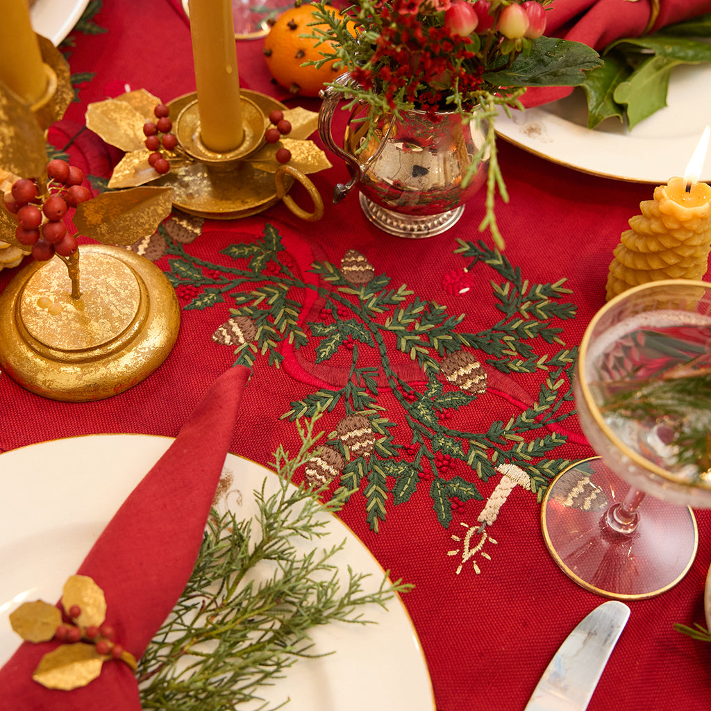 Candle Garland Linen Table Runner - Red