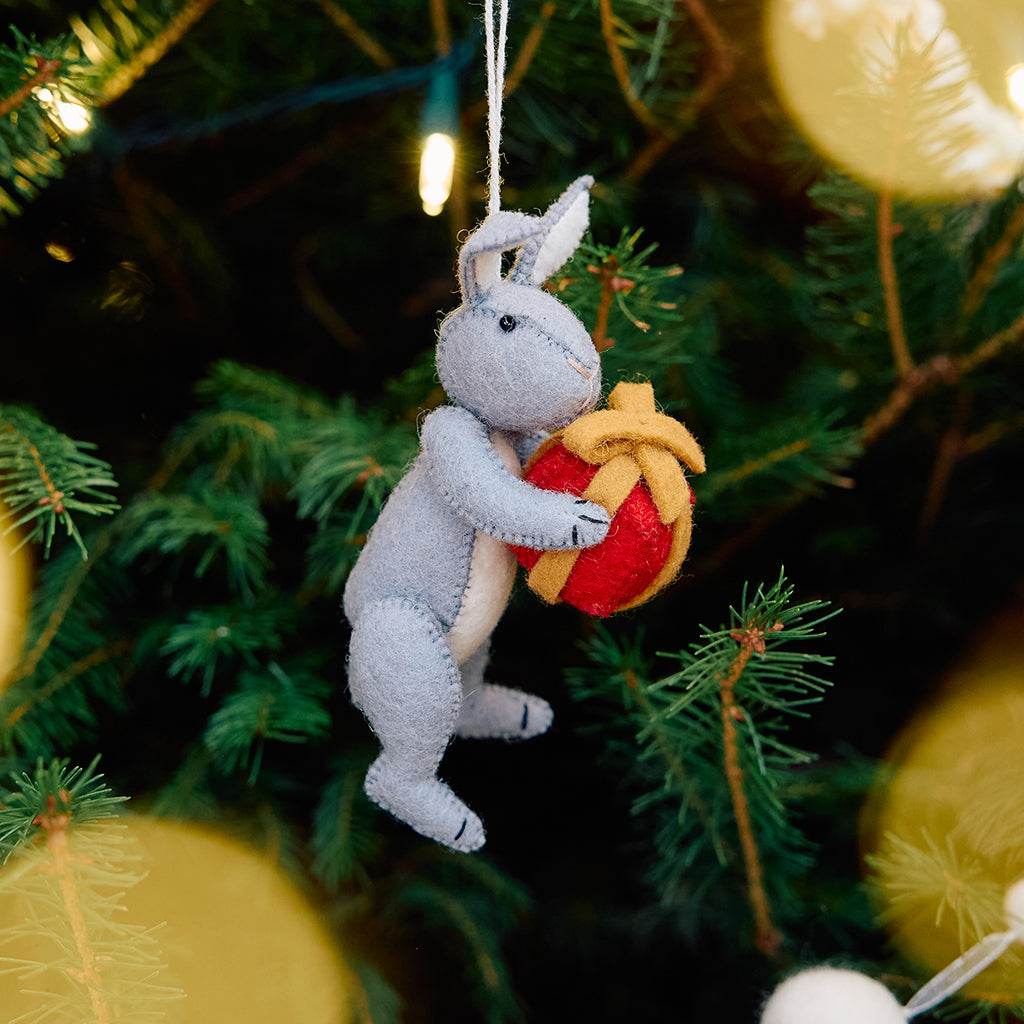 Gray Bunny with Gift Ornament