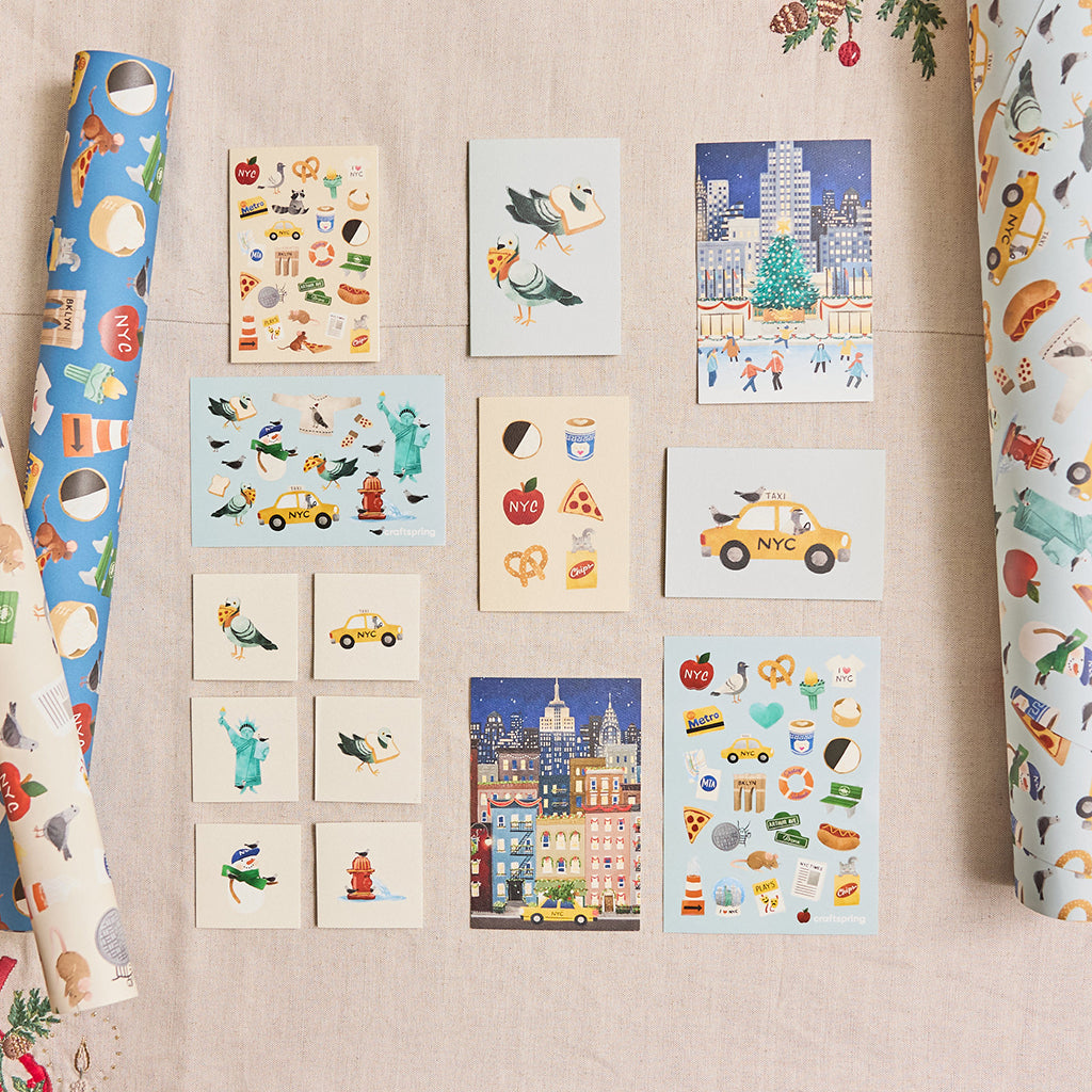 NYC Minis Wrapping Paper Sheets - 2 Blue Sheets & 2 Tan Sheets