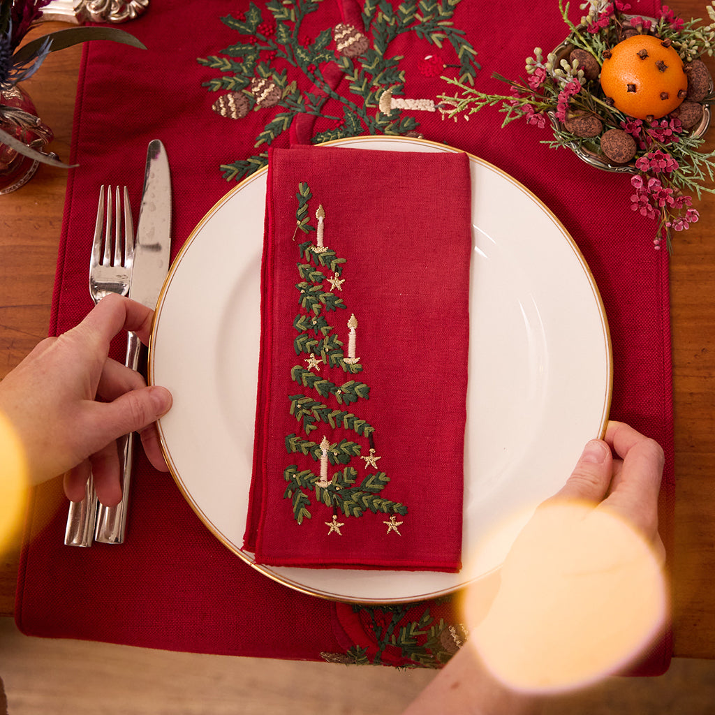 Trees Linen Napkin Set of 4 - Red & Natural