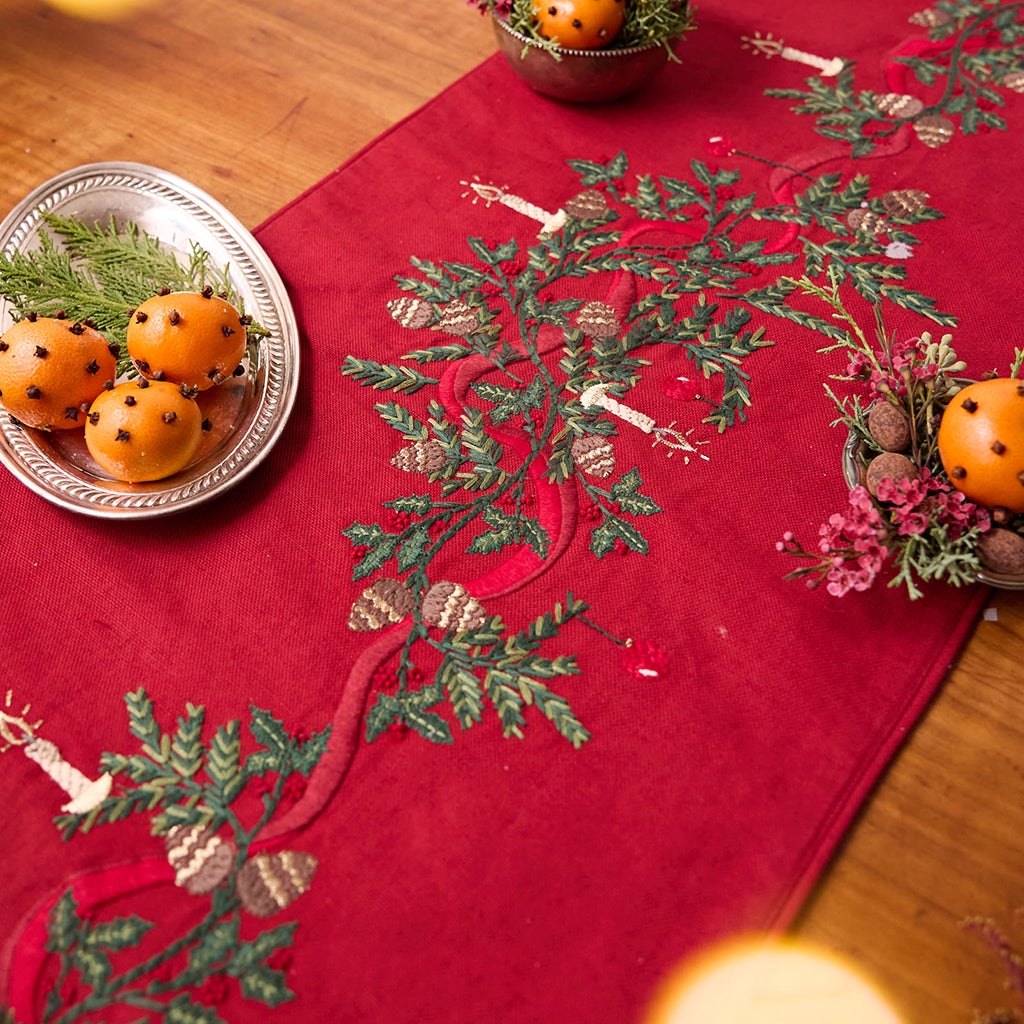 Candle Garland Linen Table Runner - Red