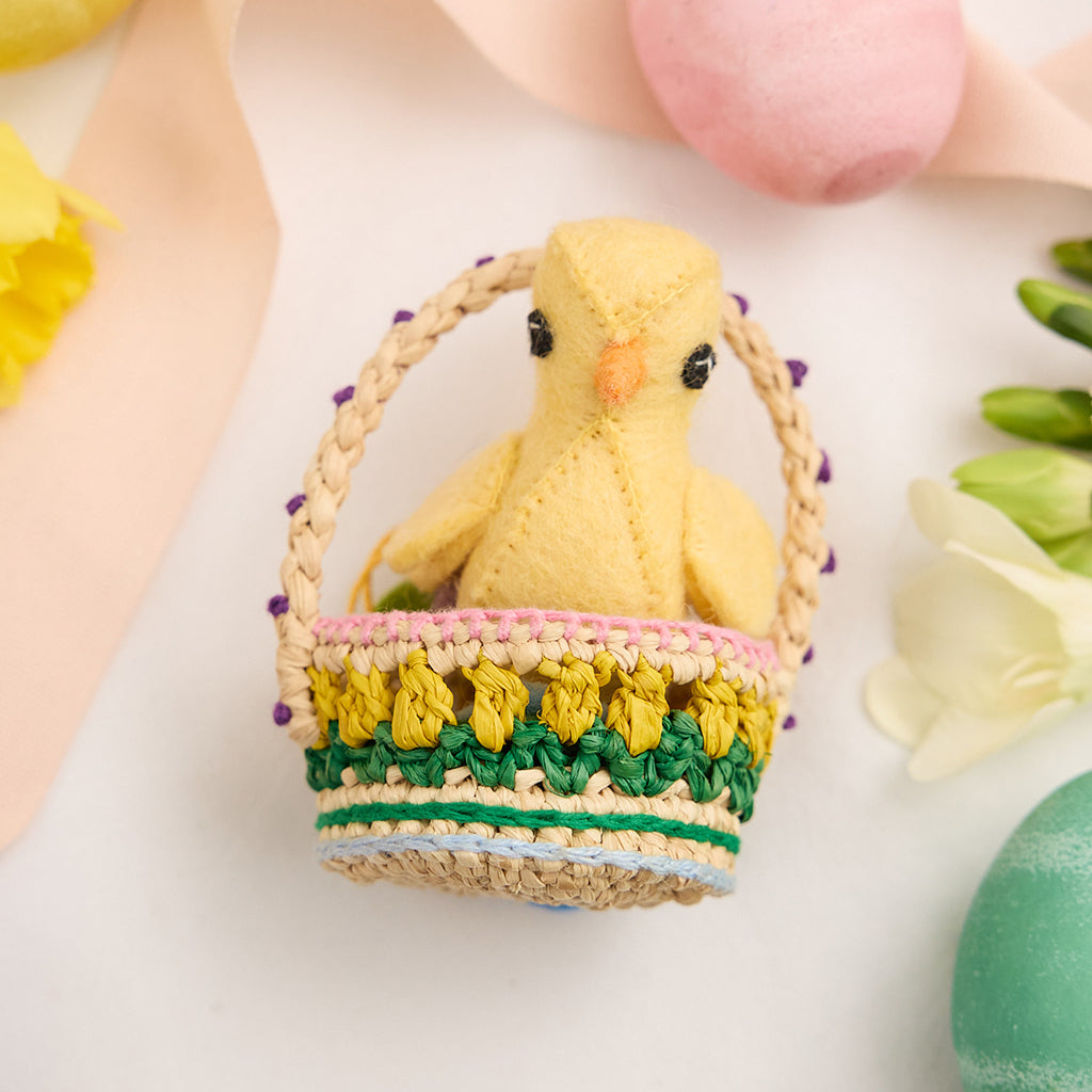 Yellow Spring Chick Ornament with Grass & Flowers