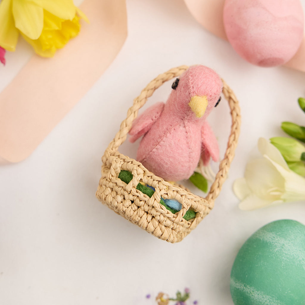 Pink Spring Chick Ornament with Grass & Flowers