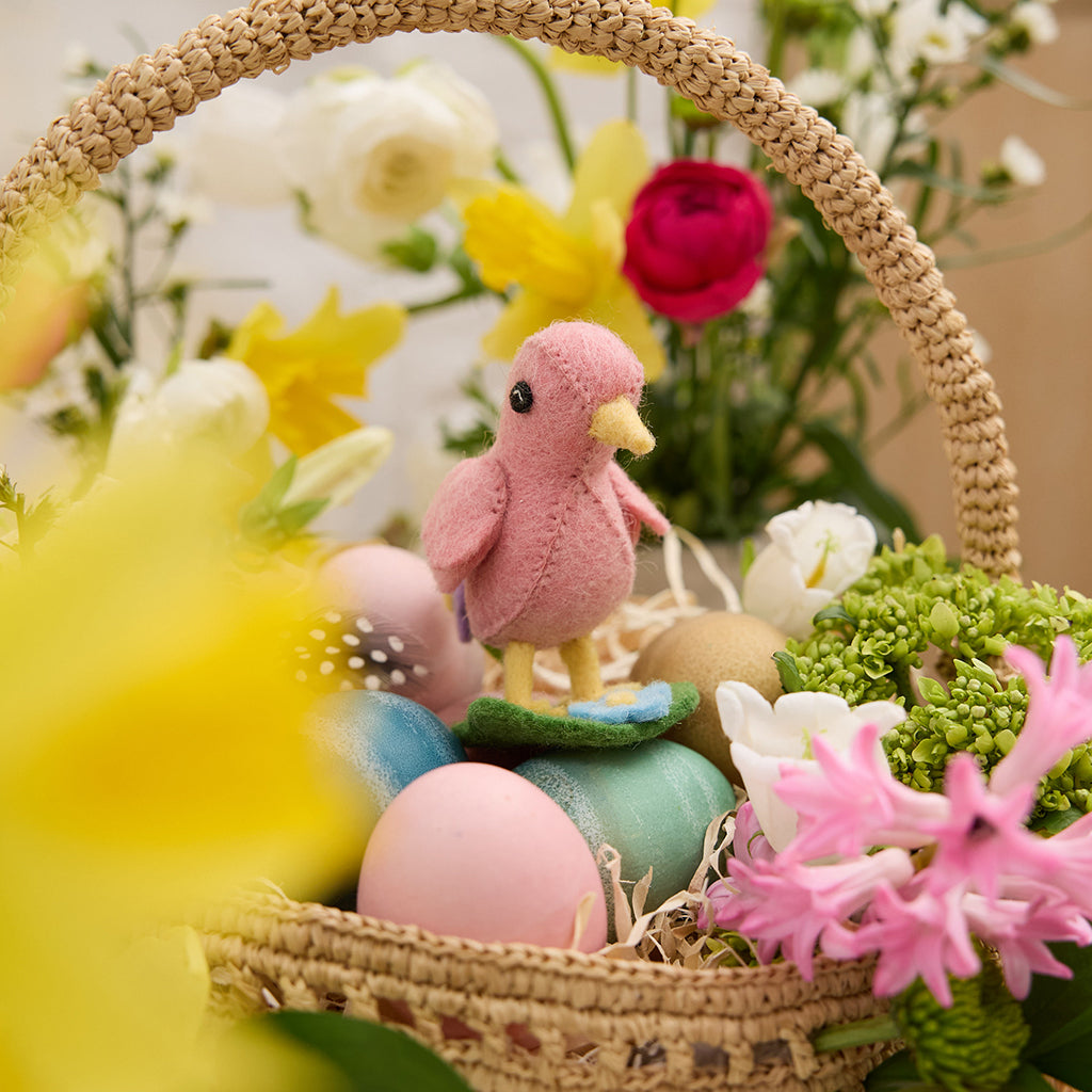 Pink Spring Chick Ornament with Grass & Flowers