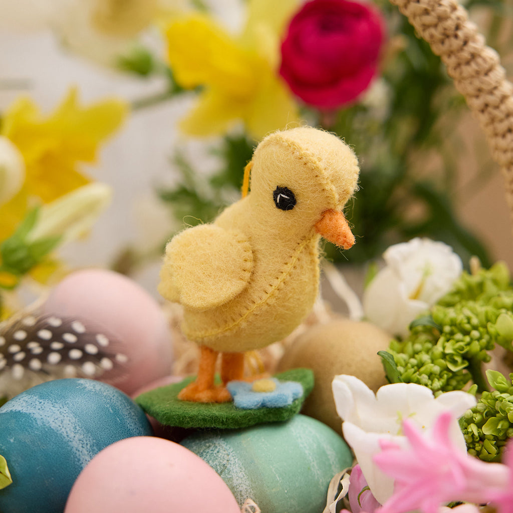 Yellow Spring Chick Ornament with Grass & Flowers