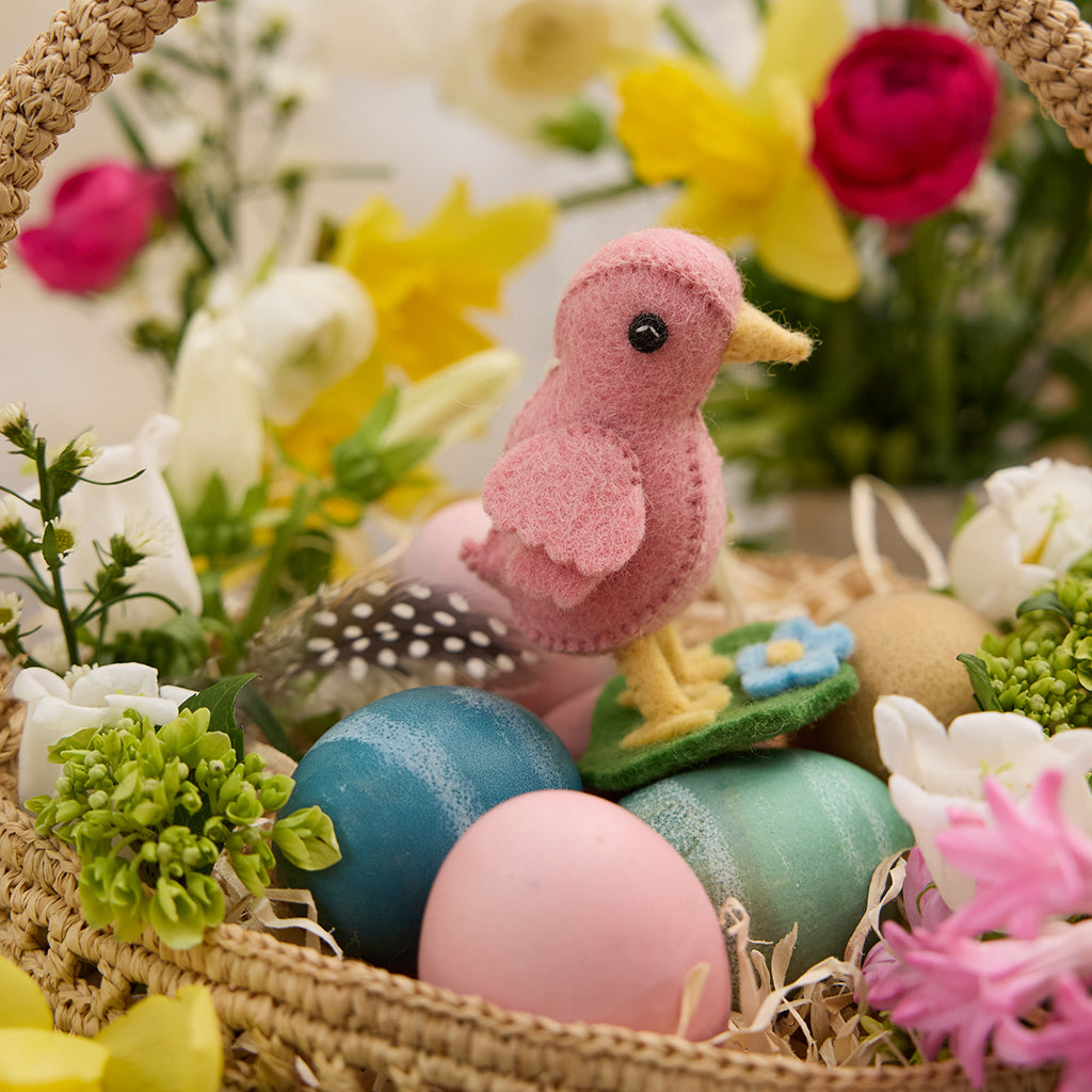 Pink Spring Chick Ornament with Grass & Flowers