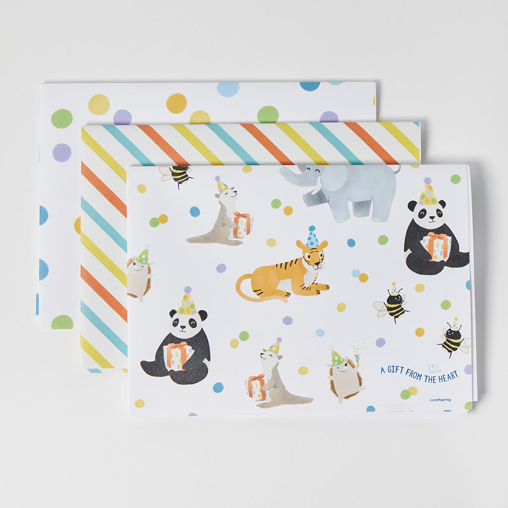 Birthday Party Animals Wrapping Paper Sheets Set of 3