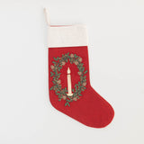 Candle Wreath Linen Stocking - Red