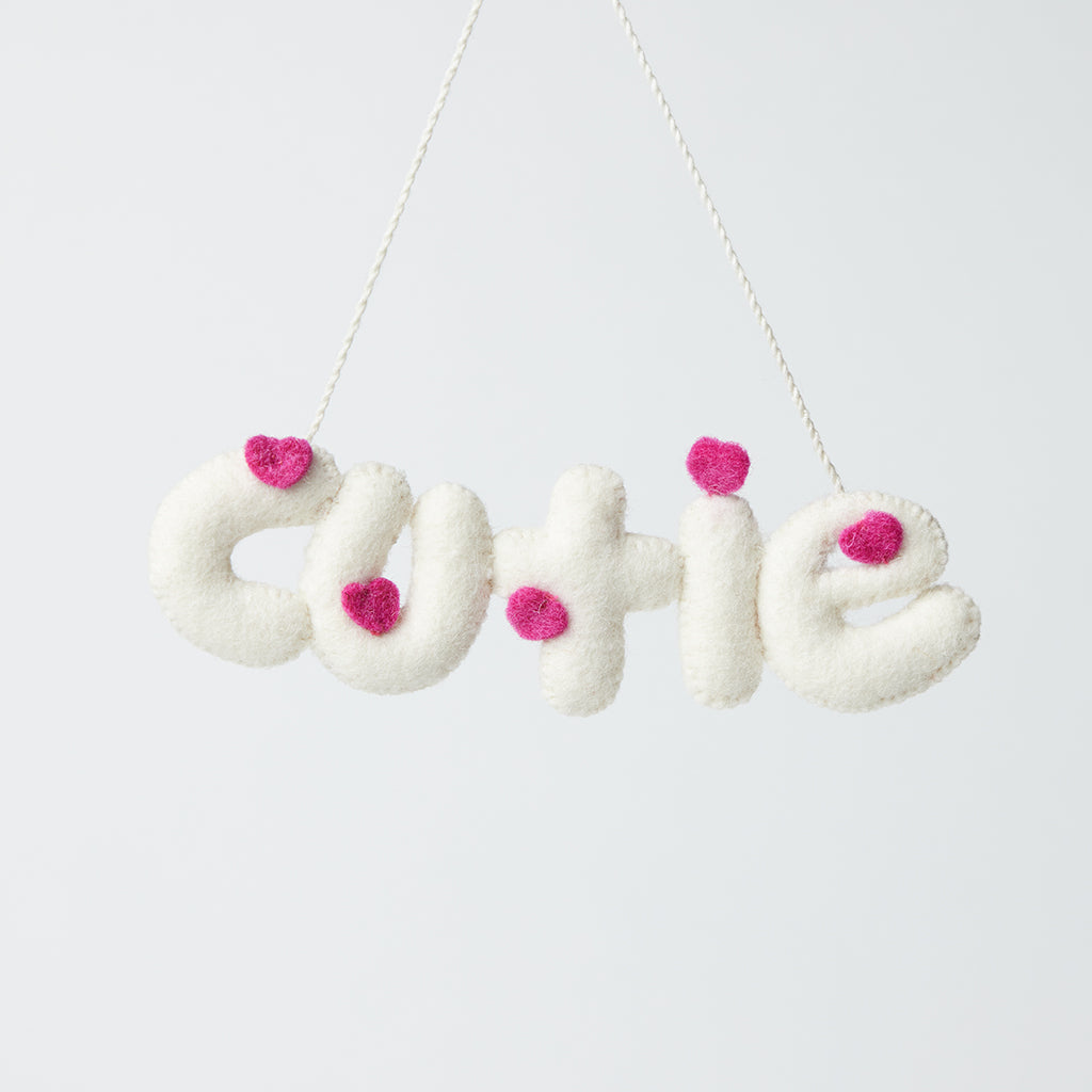 Hand Felted White Cutie Word with Pink Hearts Ornament – Craftspring