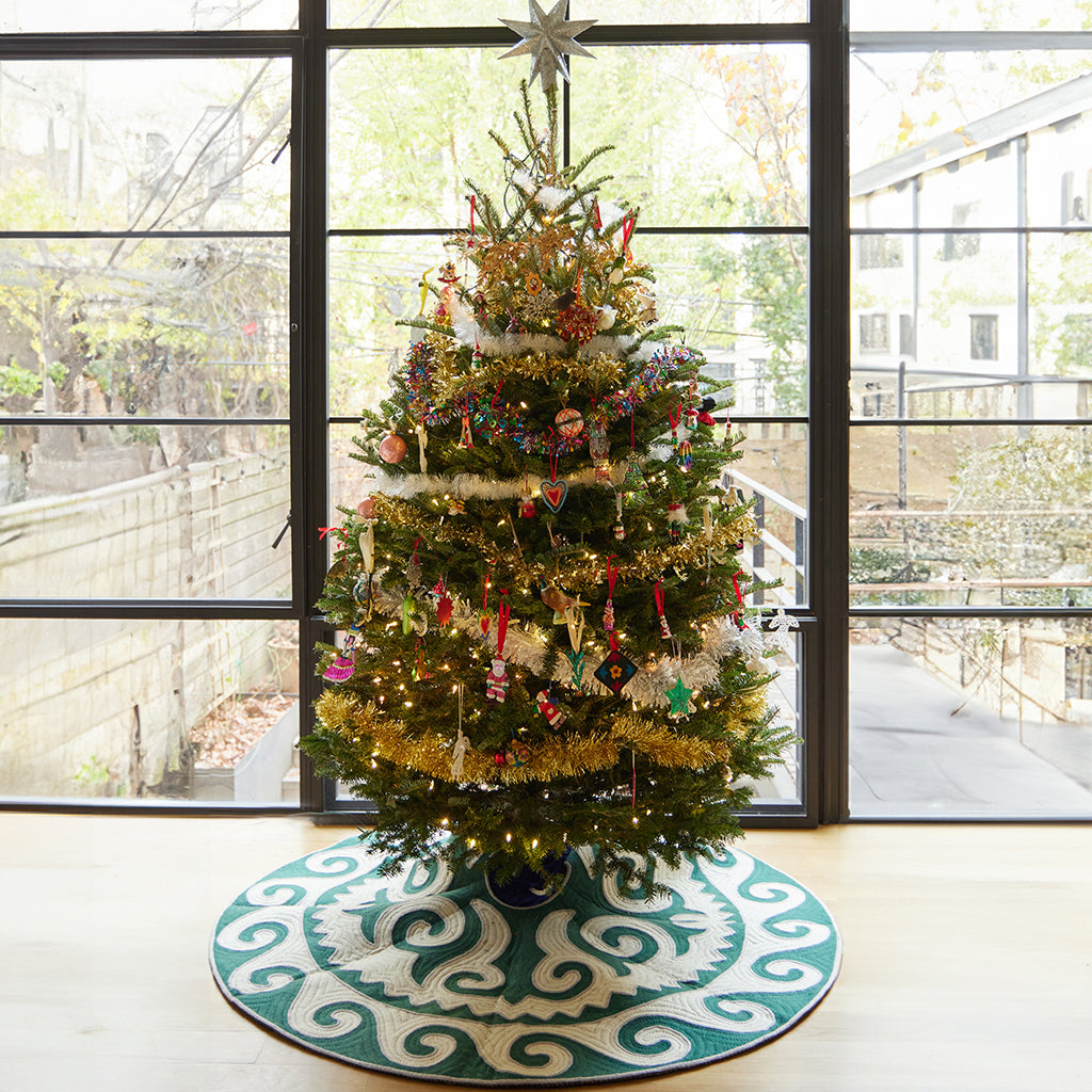 Contemporary Green With White Shyrdak Tree Skirt