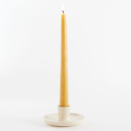 Natural Glossy Ceramic Candle Holder with Beeswax Taper