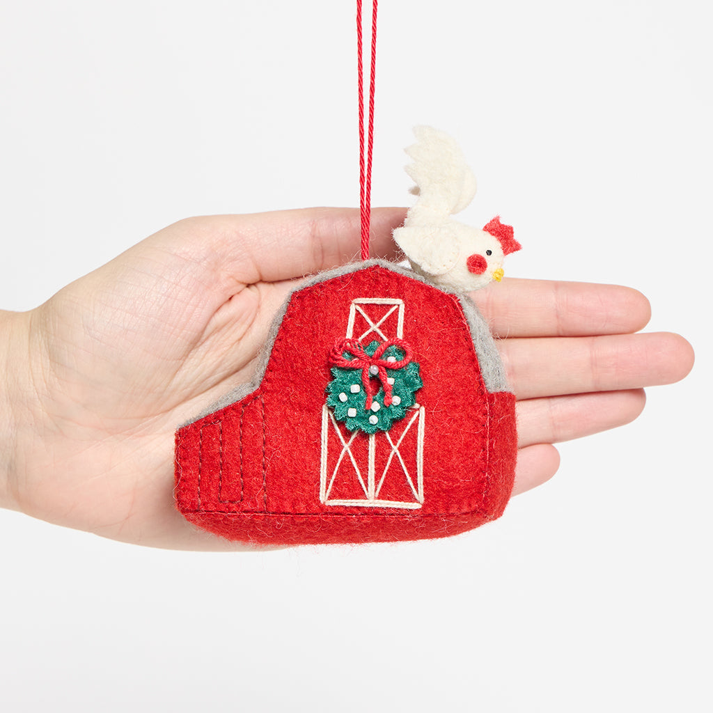 Red Barn with Rooster Ornament