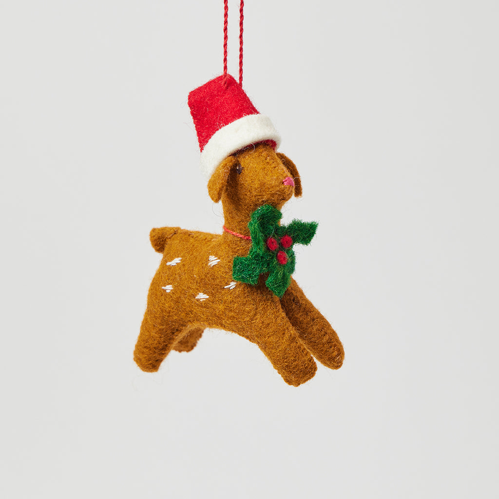 Hand Felted Festive Brown Spotted Santa Fawn w Holly Necklace Ornament ...