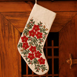 Festive Poinsettia Linen Stocking - Natural