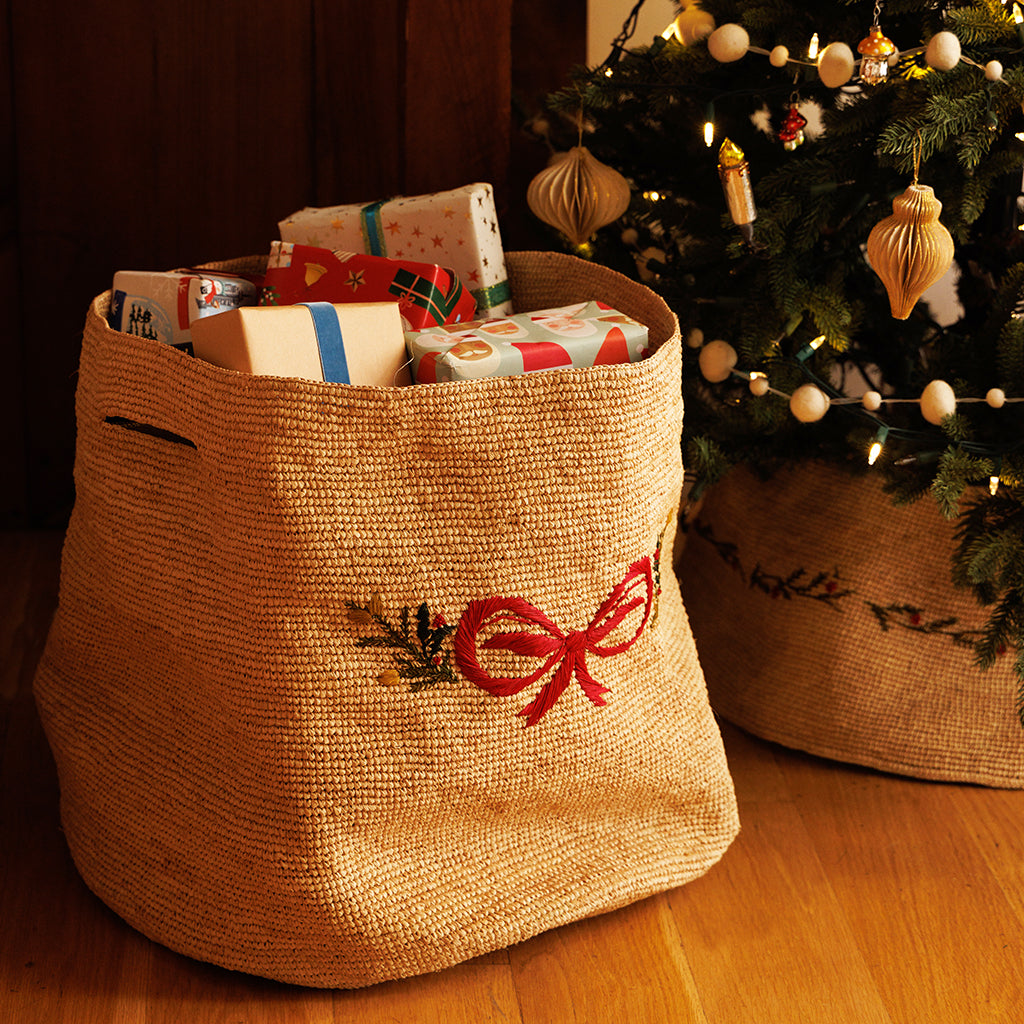 Hand-Crocheted & Embroidered Large Raffia Basket