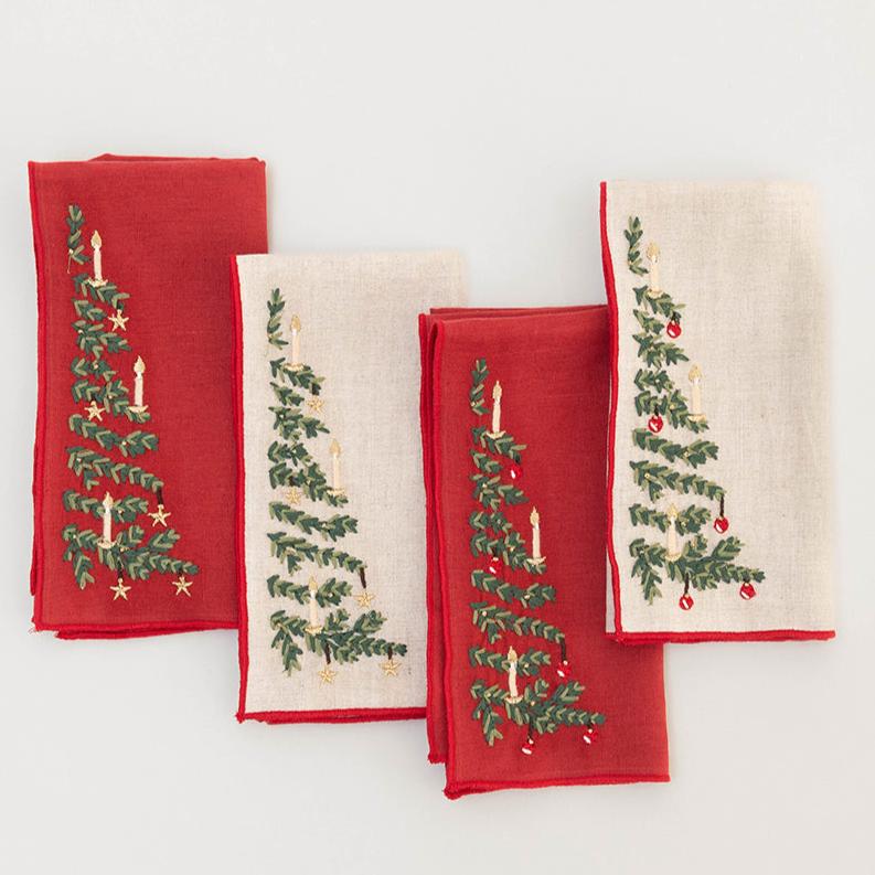 Trees Linen Napkin Set of 4 - Red & Natural