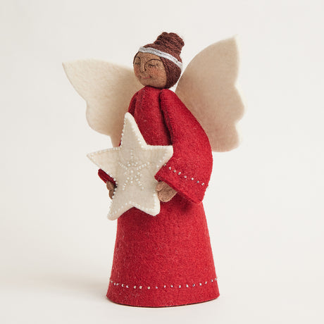 Red Beauty Angel with White Star Tree Topper - Brown
