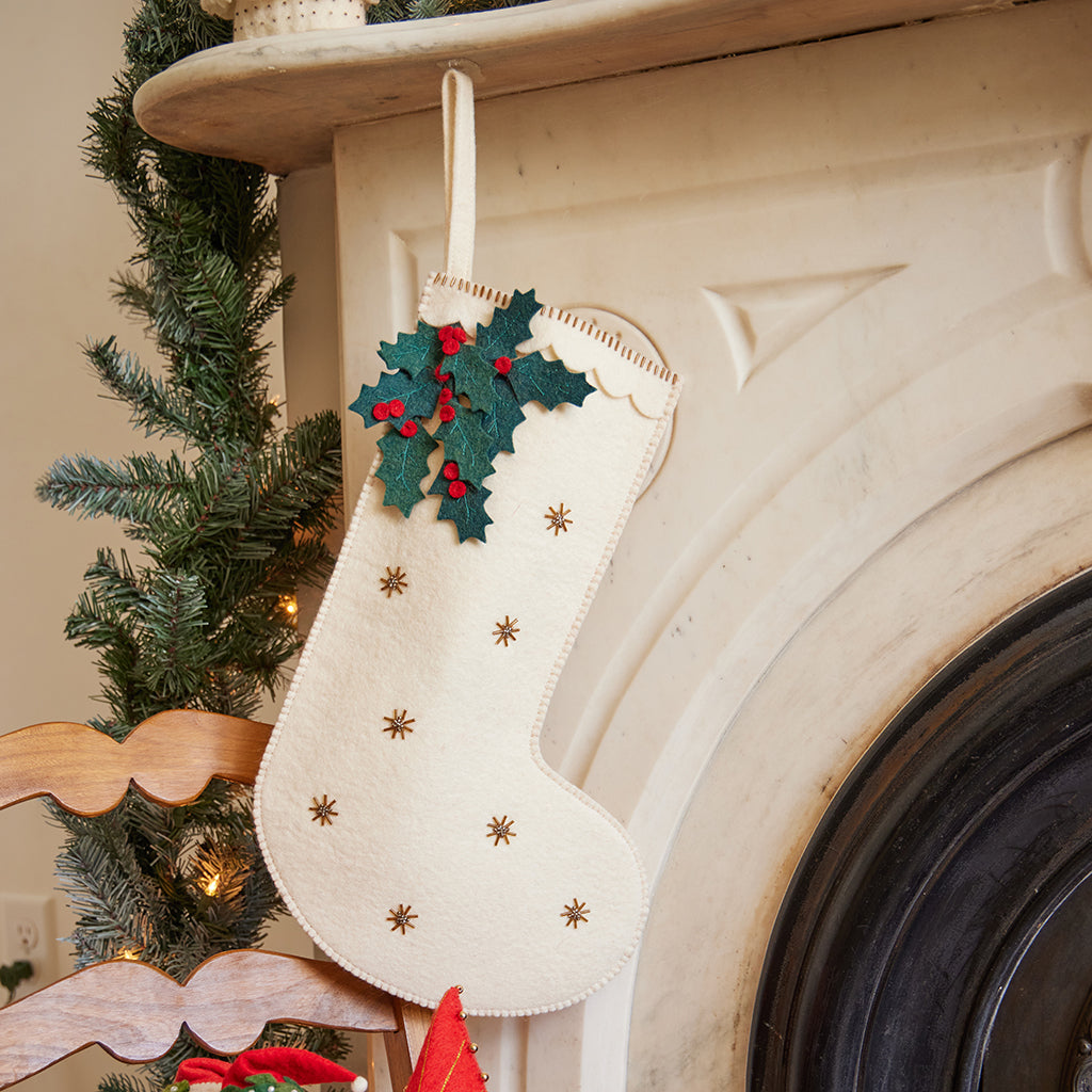White Festive Holly Stocking