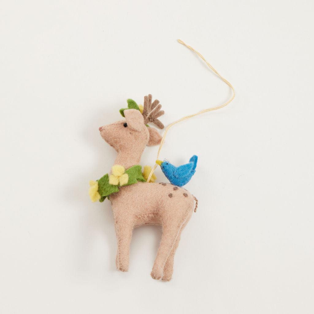 Hand Felted Beige Spring Deer with Blue Bird Friend Ornament – Craftspring