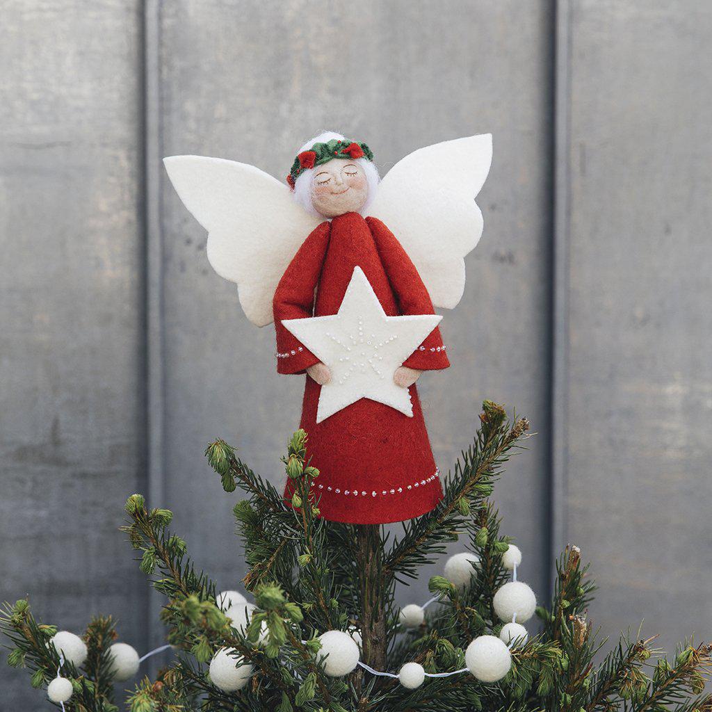 Red Beauty Angel with White Star Tree Topper - Light