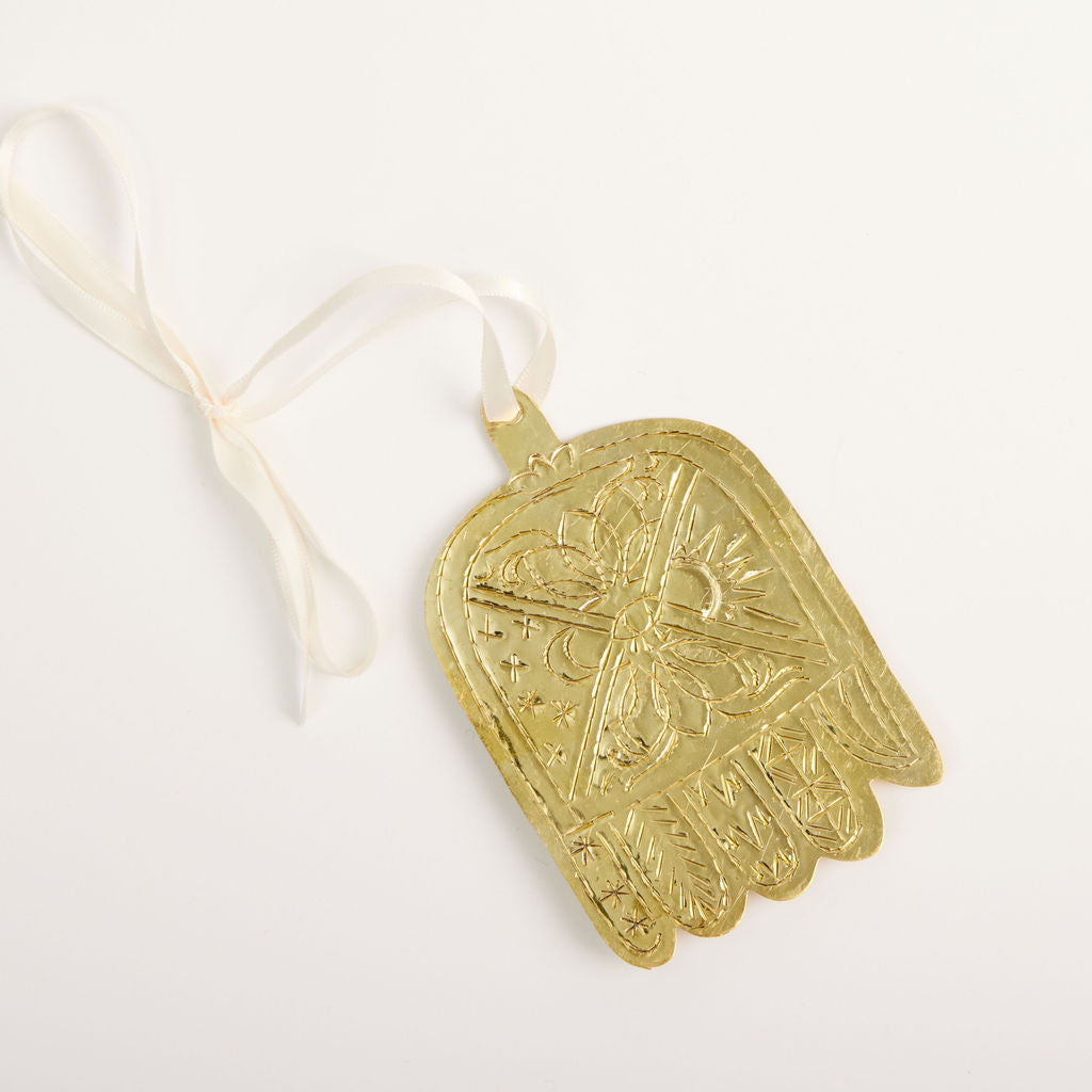 Sun and Moon Etched Brass Hamsa Ornament