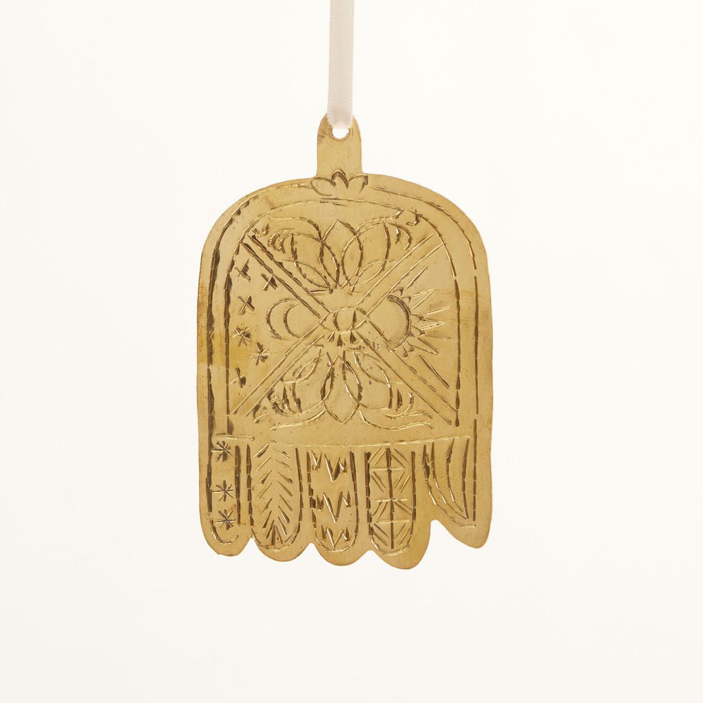 Sun and Moon Etched Brass Hamsa Ornament