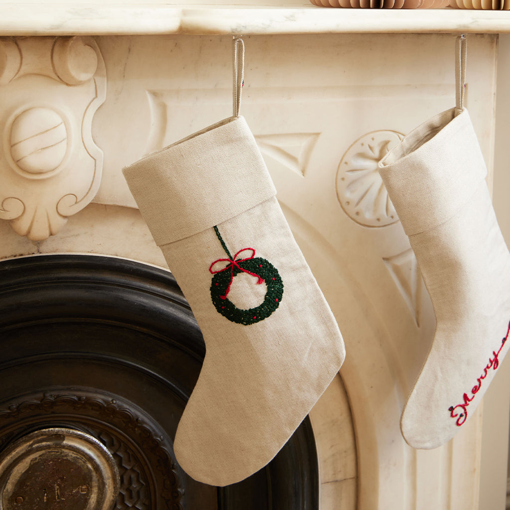 Wreath Linen Stocking